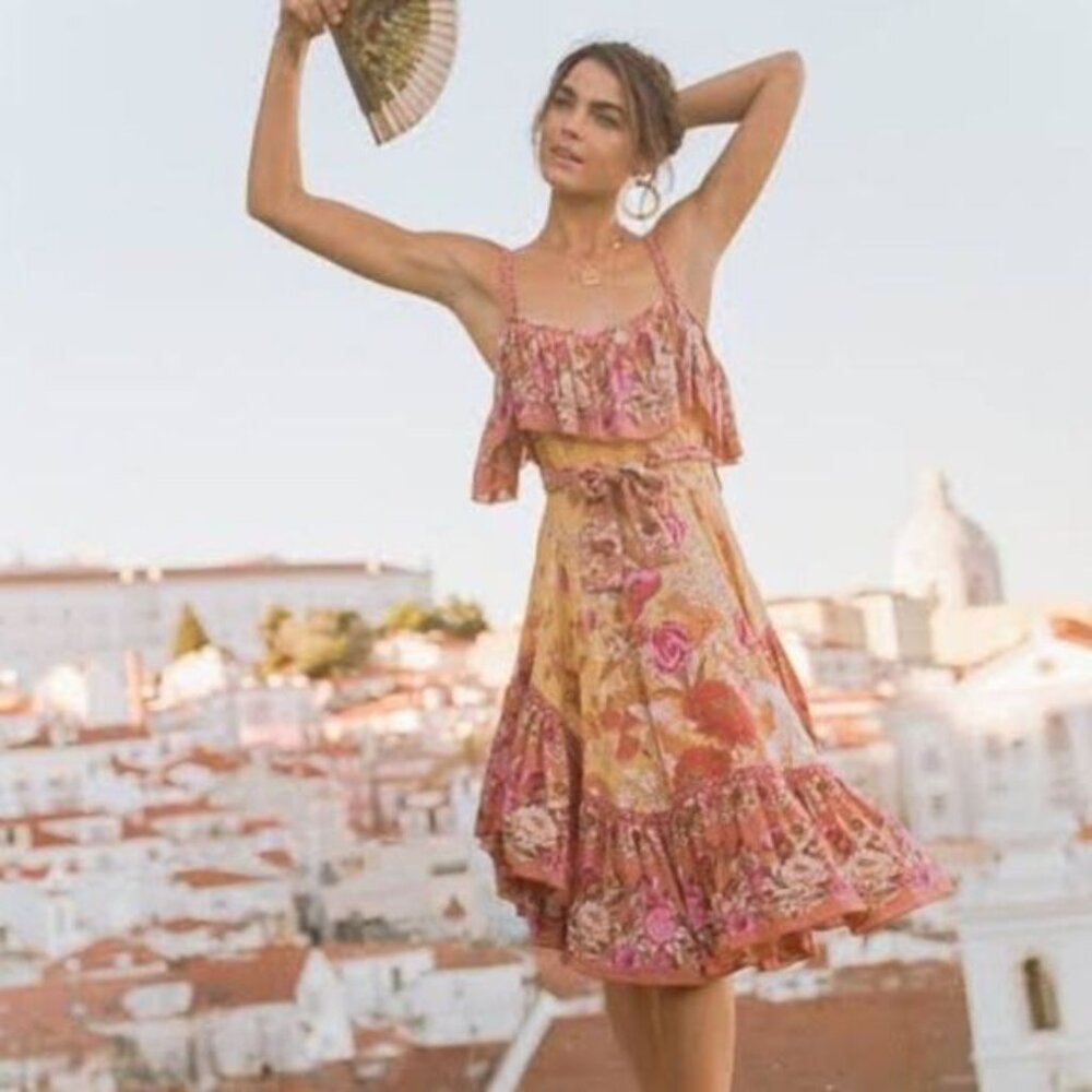 Spell And The Gypsy Siren Song Dress Yellow Flamingo Print Ruffle Size L